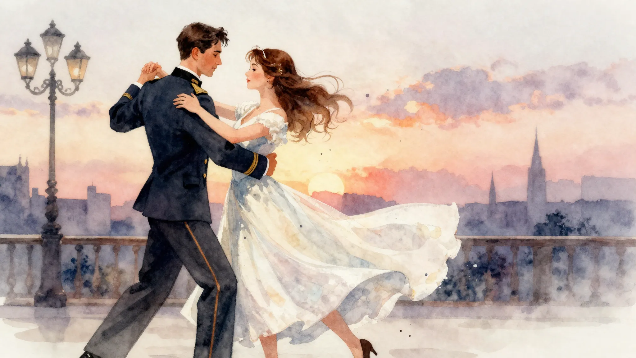 Watercolor illustration of a romantic couple dancing waltz i...