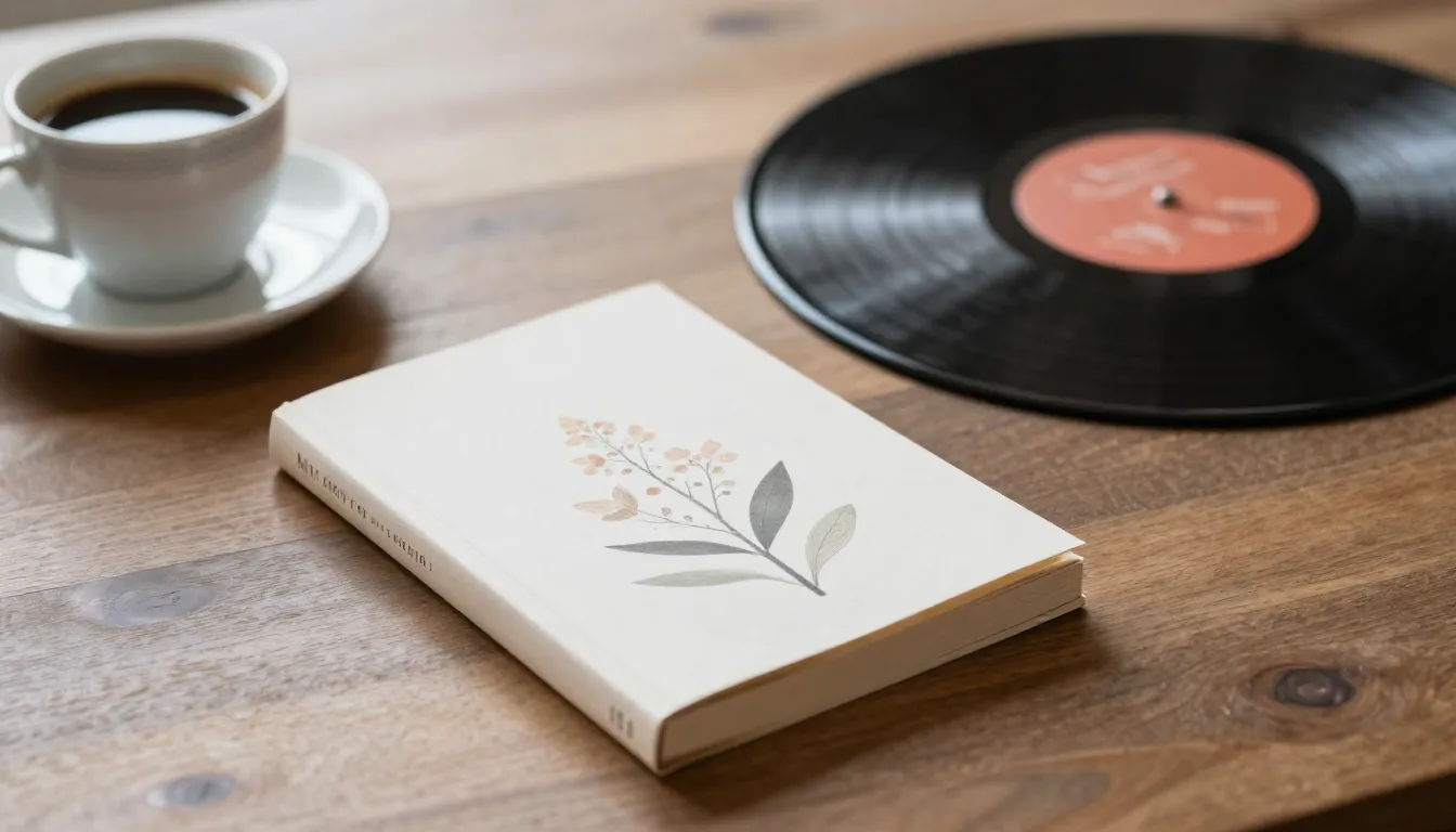 A small aesthetic book lying on a wooden table next to a cup...