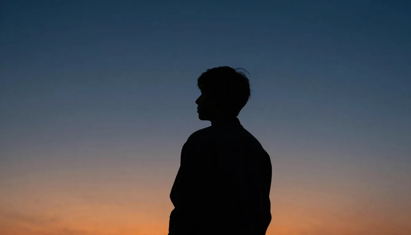 A dramatic silhouette of a person looking at the horizon, mi...