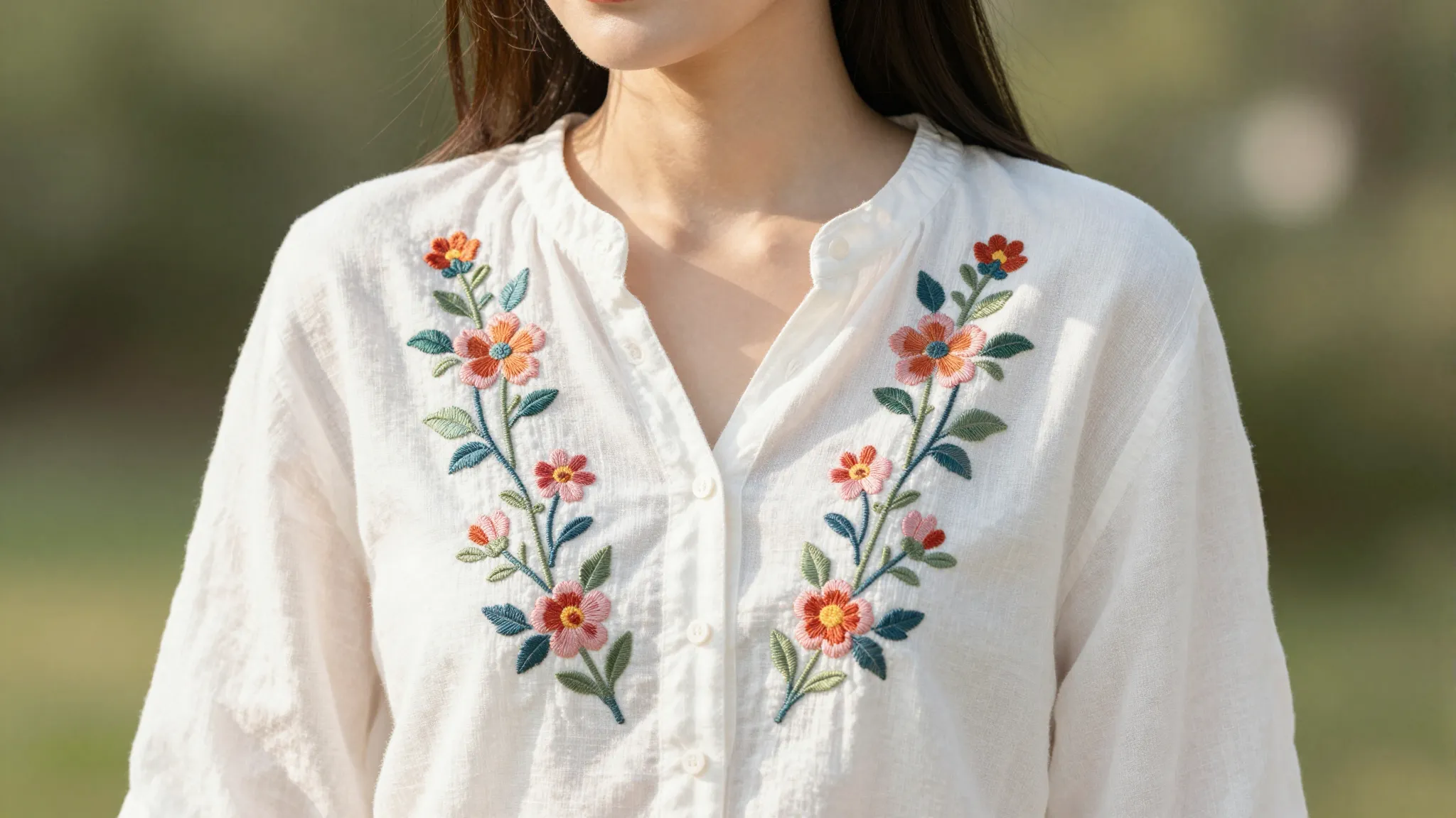 A beautiful woman wearing a white linen shirt with intricate...