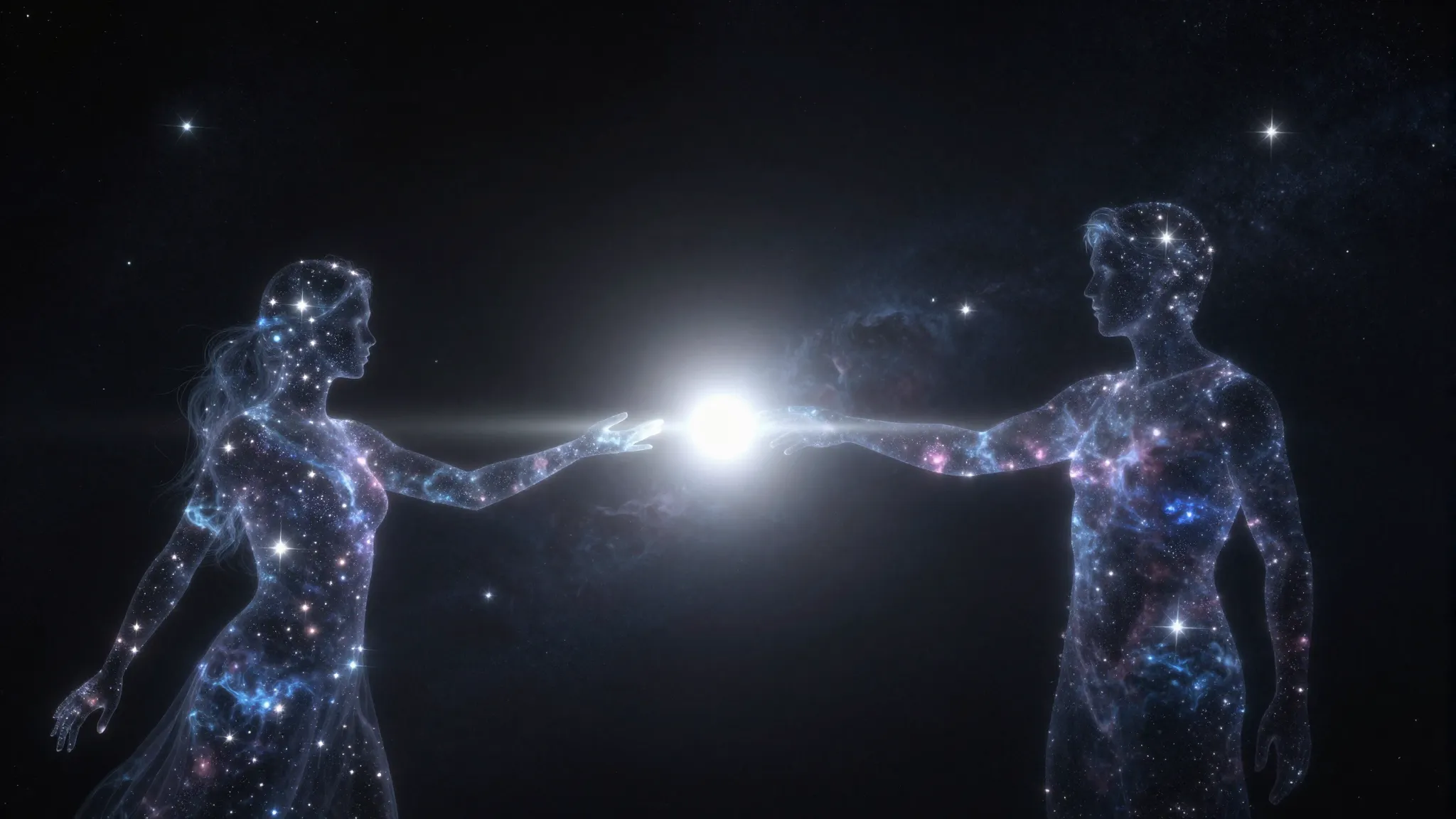 Two ethereal human silhouettes made of glowing stars and neb...