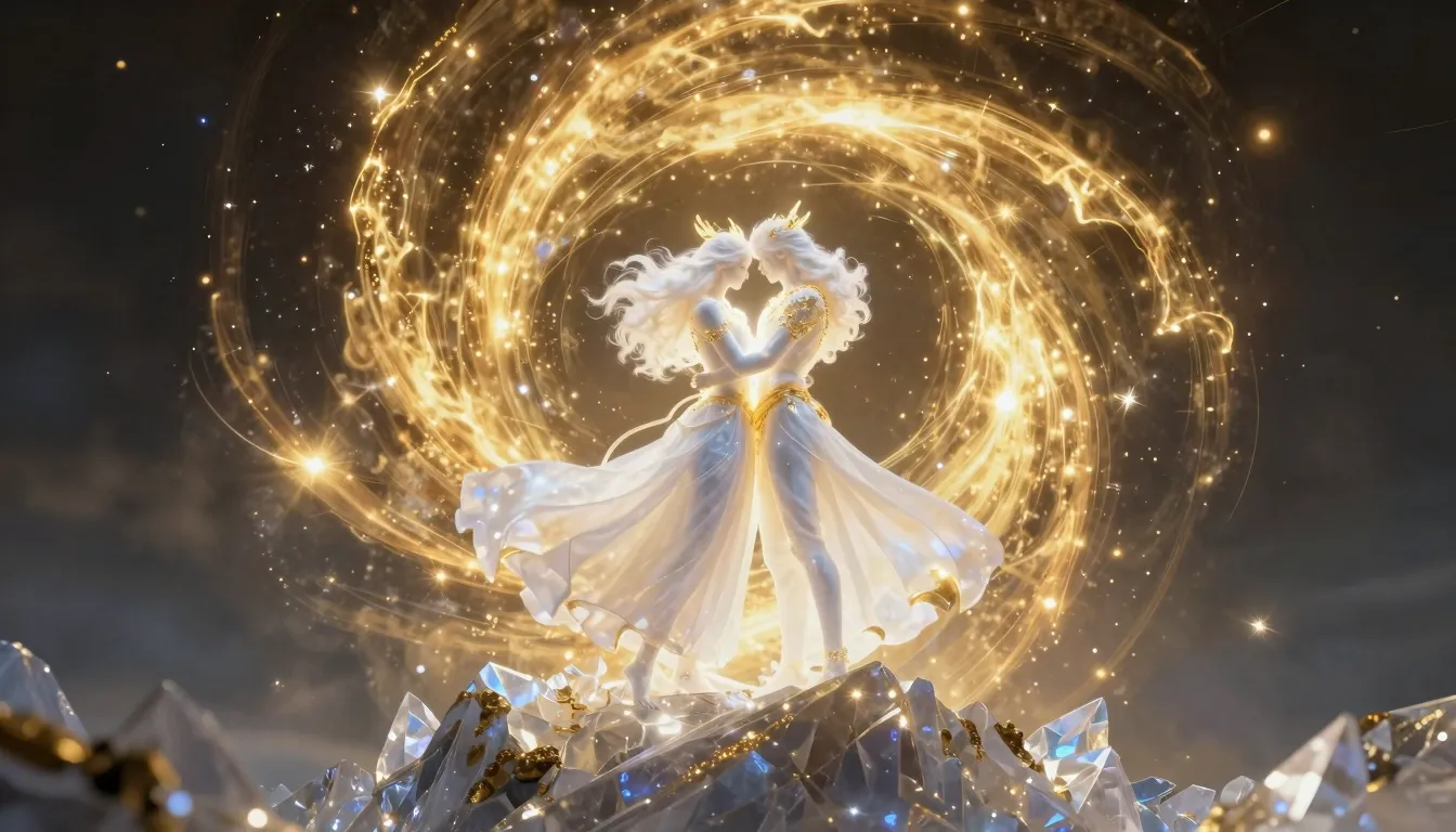 Two majestic beings made of brilliant white and golden light...