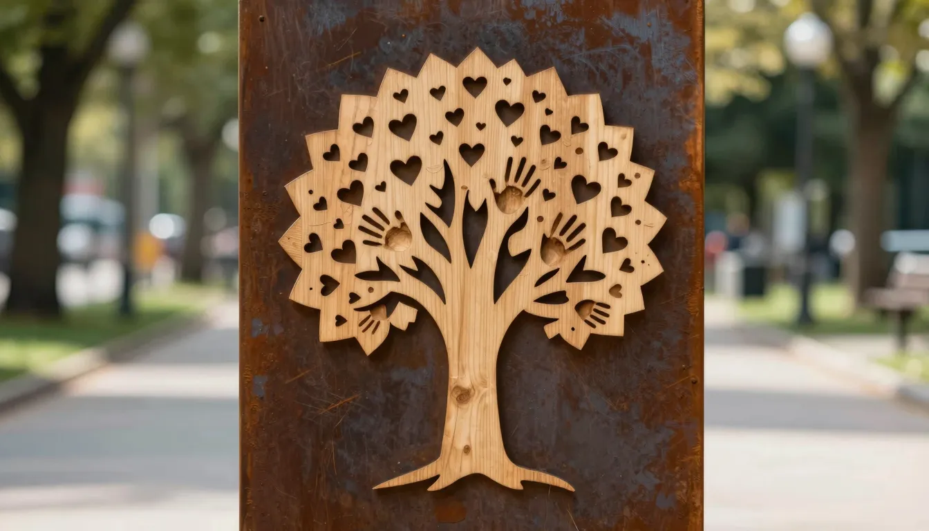 Close-up of a modern monument made of corten steel and light...