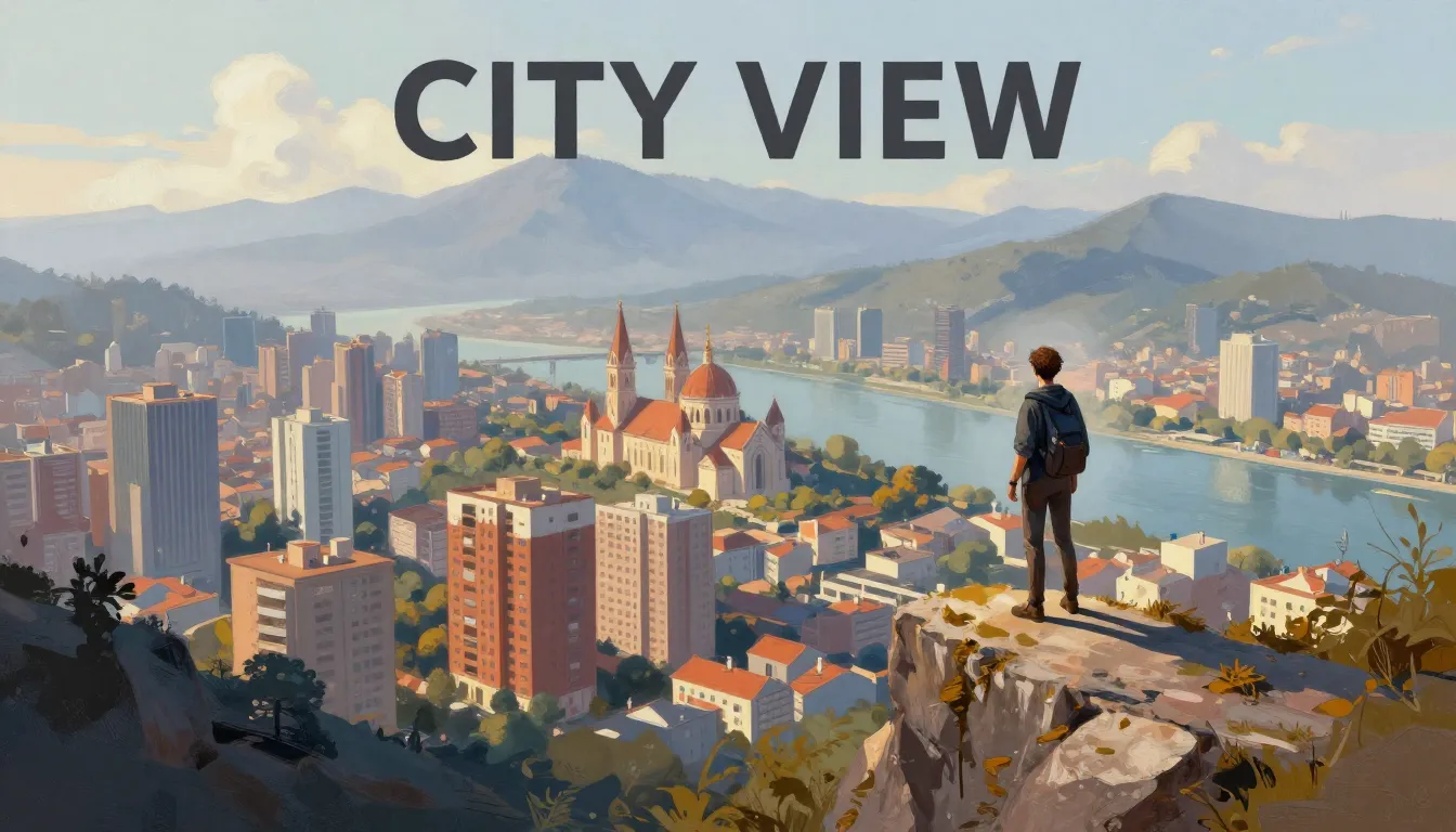 Artistic digital painting, panoramic view from a mountain to...