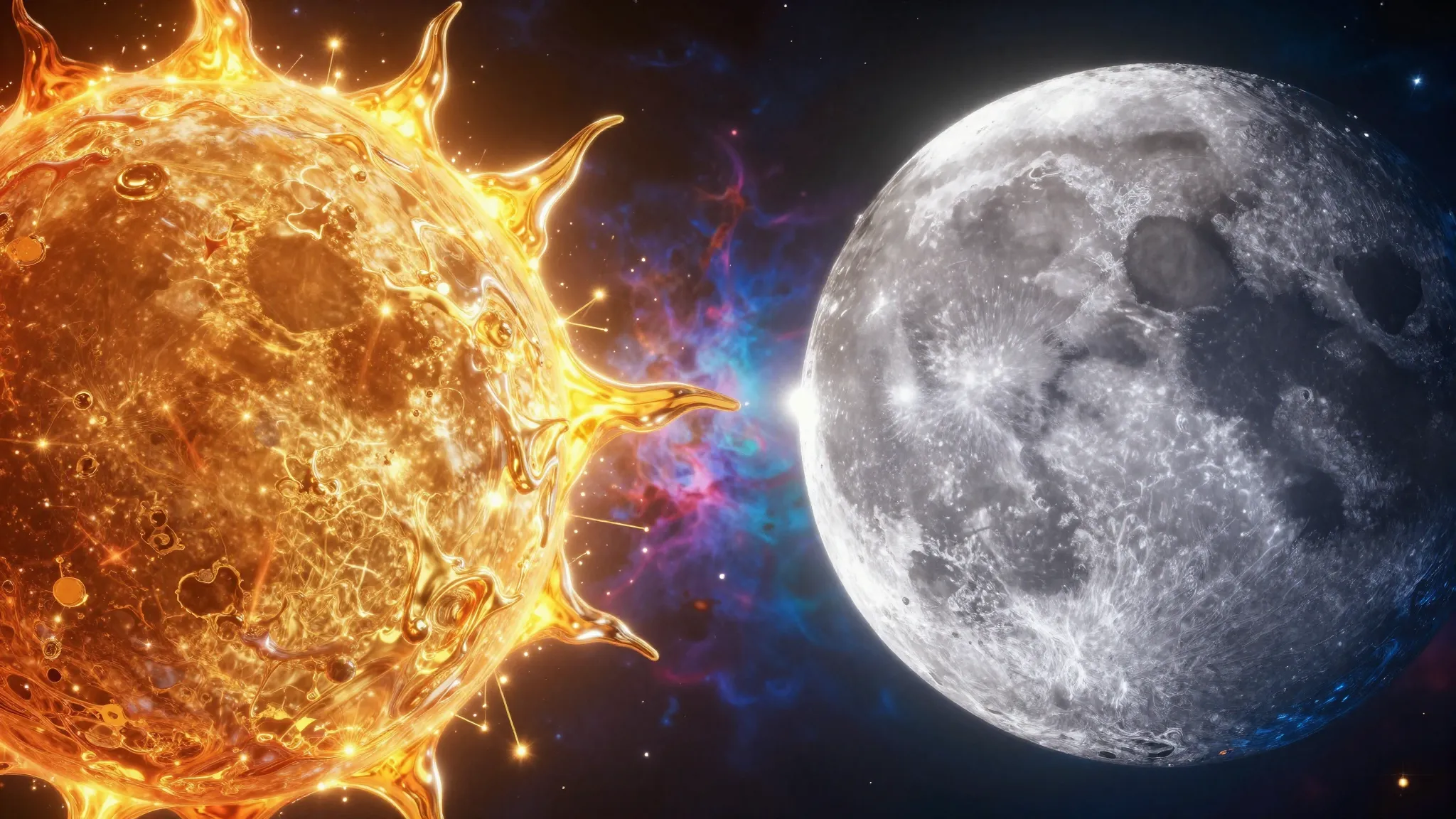 Macro shot of the contact point between Sun and Moon, liquid...