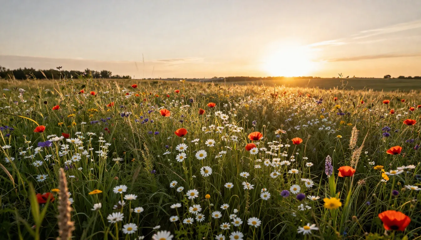 Wide angle landscape of a lush summer meadow filled with var...