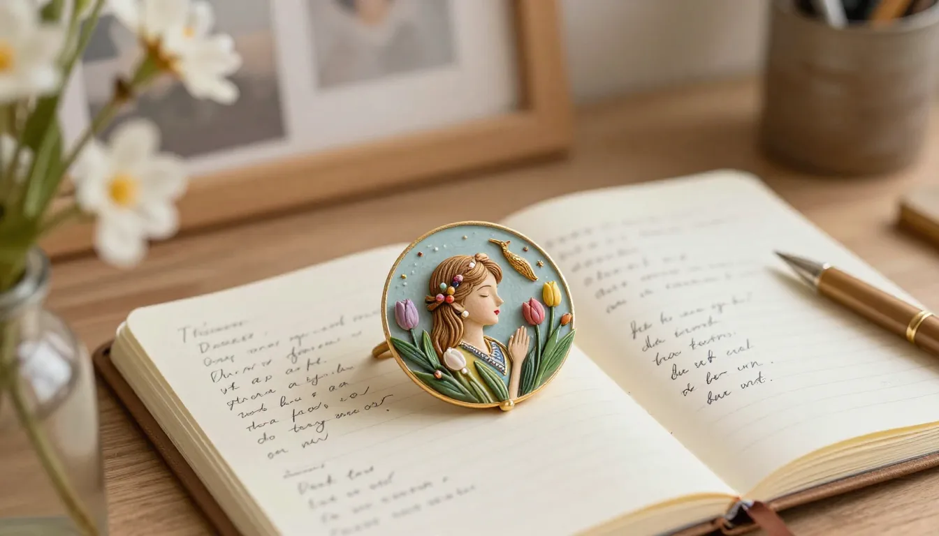 A creative workspace with a finished masterpiece brooch, a d...