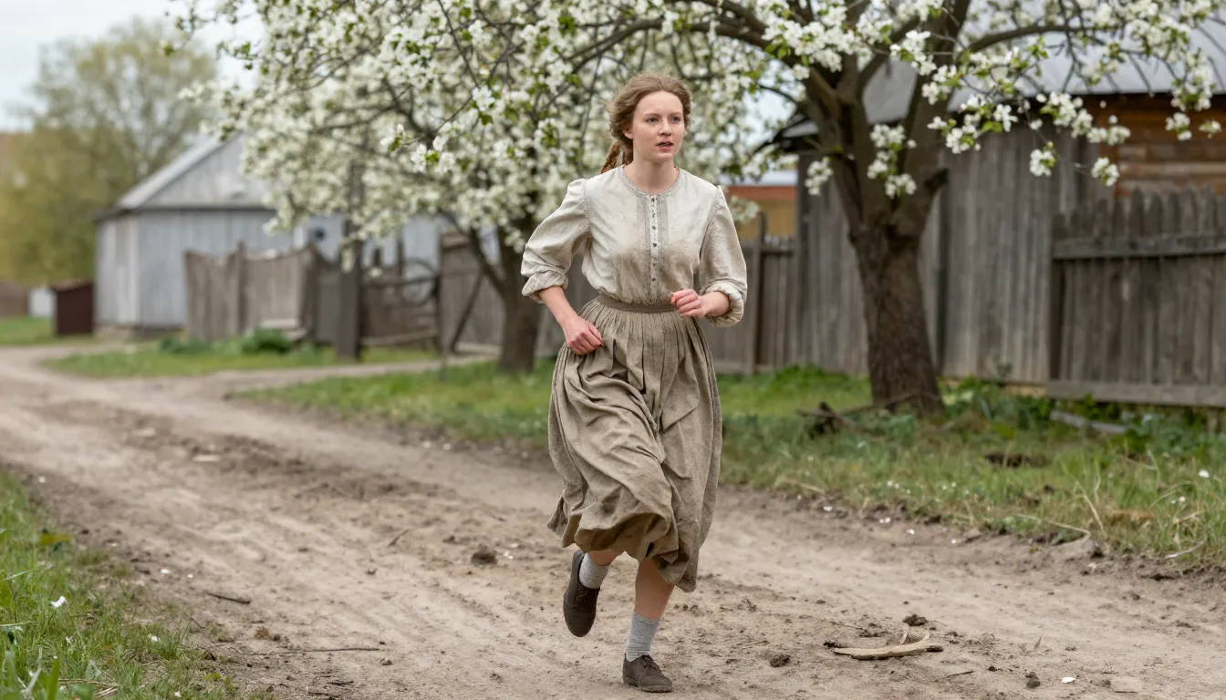 A young Russian woman in a simple, worn-out 19th-century cot...