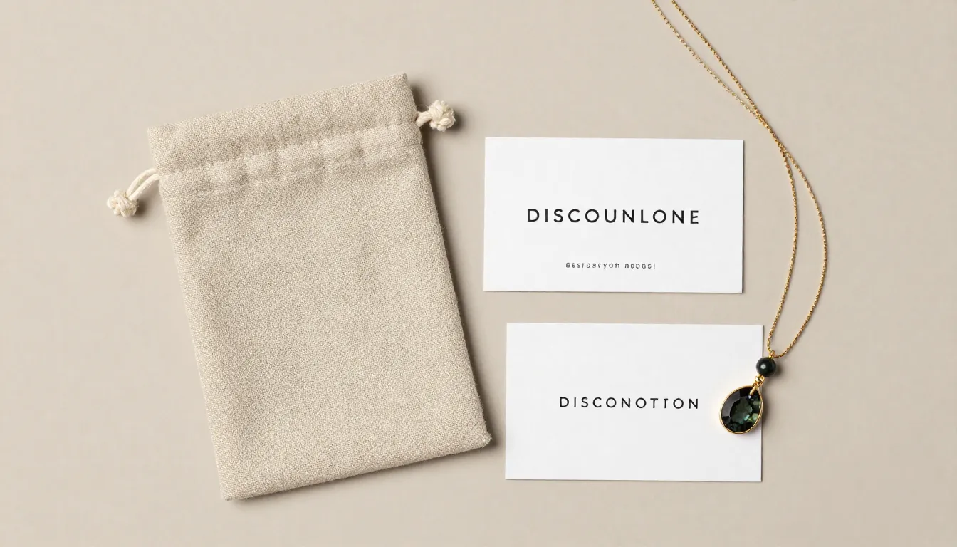 A stylish flatlay of jewelry packaging: a linen pouch, a min...