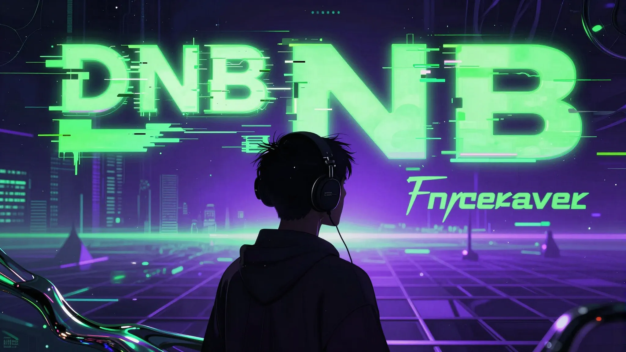 Cyberpunk style album cover, 'DNB Forever' text in glitch ef...