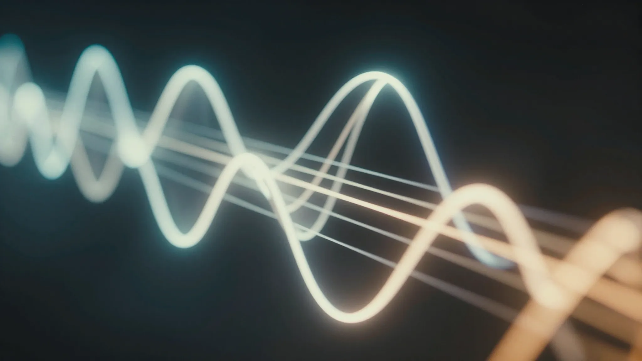 Close-up of glowing neon musical strings vibrating in the da...