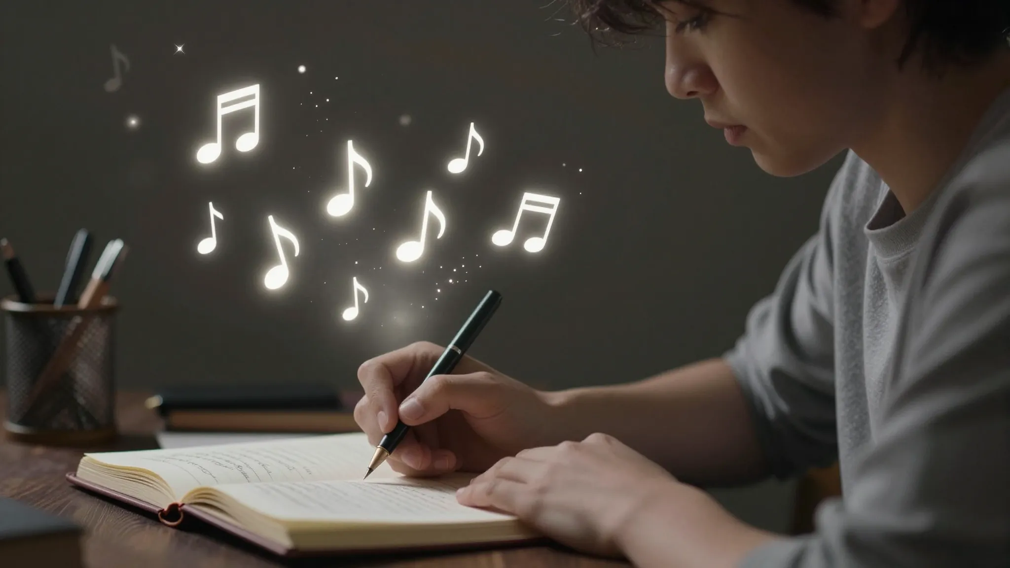 A beautiful, inspiring scene of a person writing poetry that...