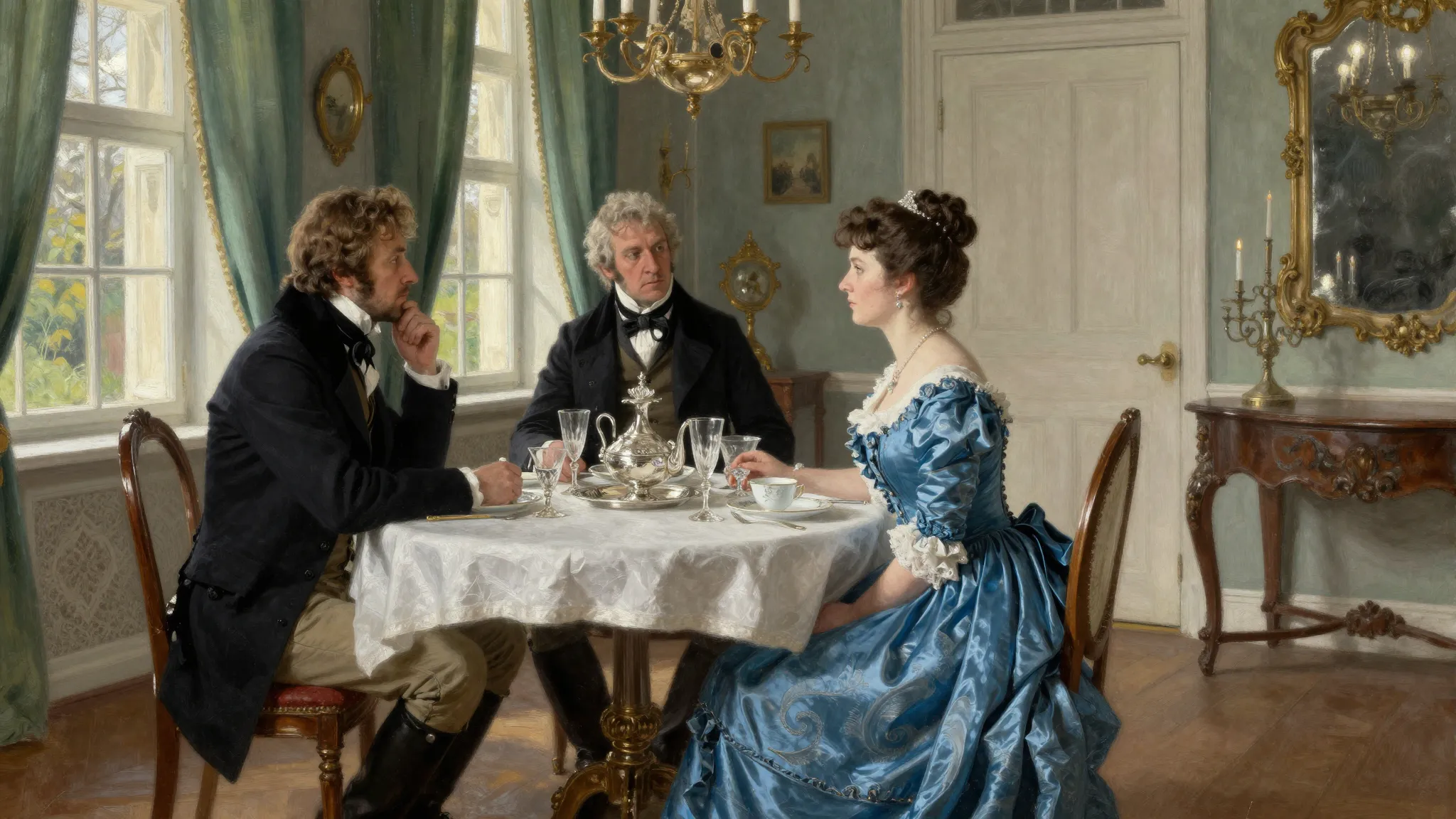 A 19th-century Russian dining room in May, sunlight streamin...
