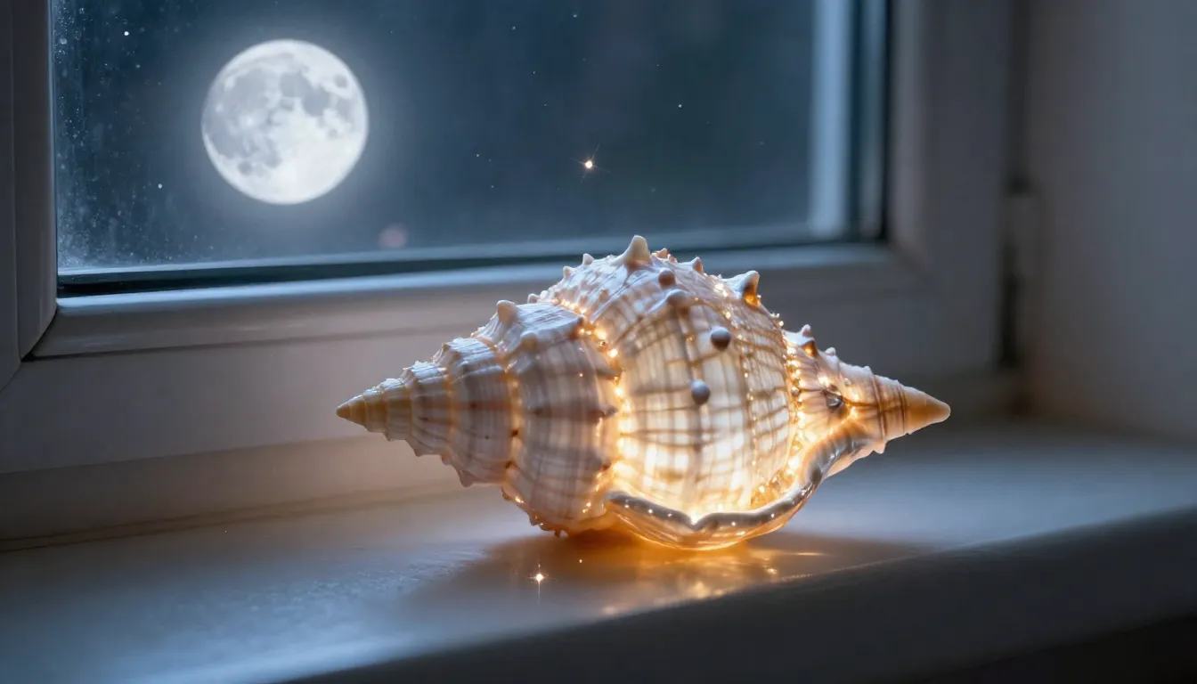 A beautiful glowing sea shell on a window sill under bright ...