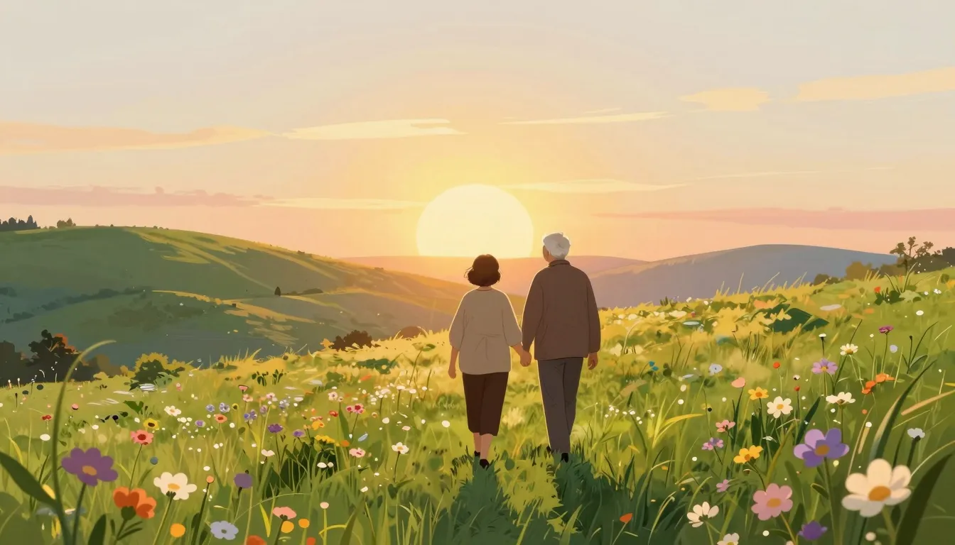 A beautiful, bright illustration of an elderly couple walkin...