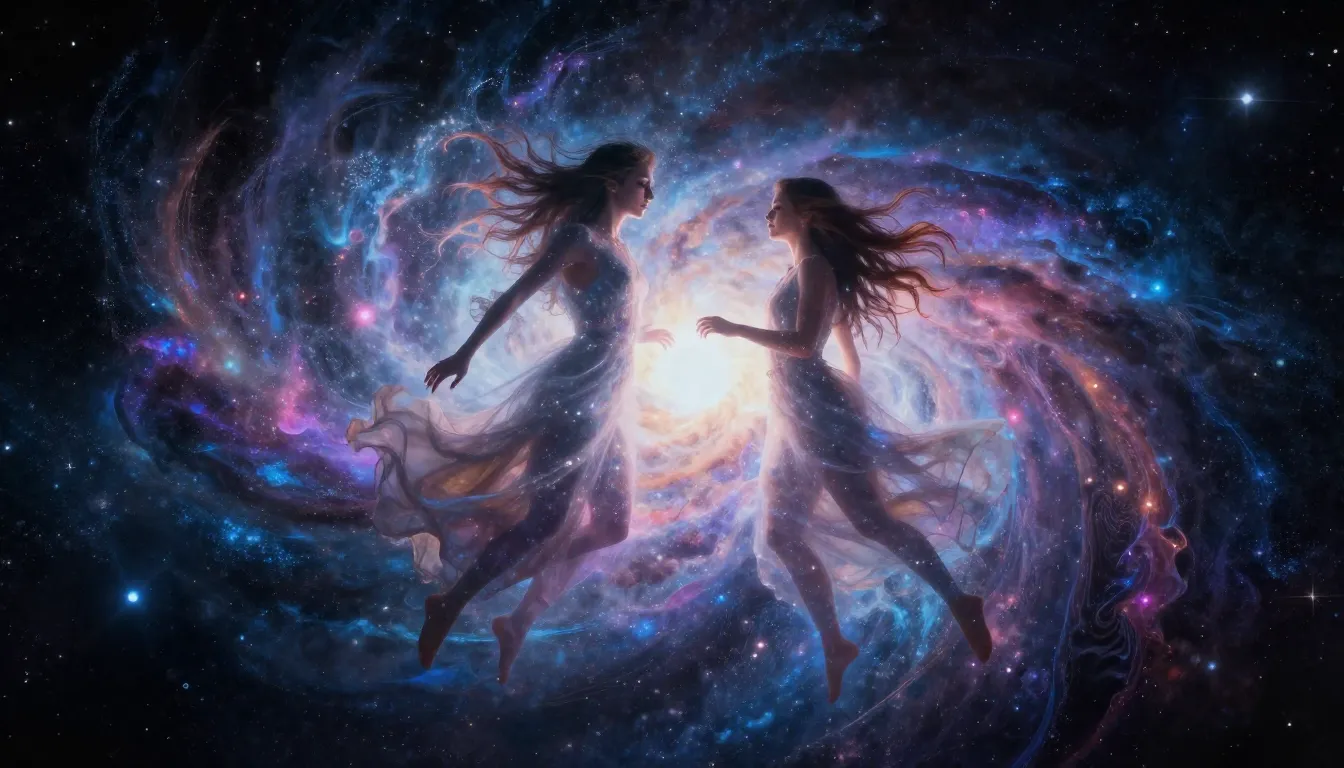 An ethereal scene where a man and a woman are dissolving int...