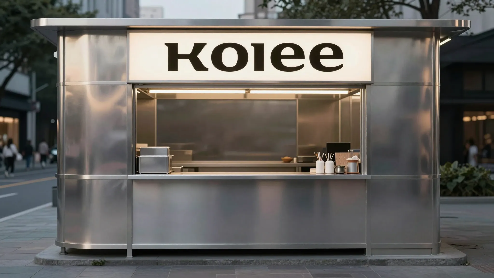 A minimalist street kiosk design, sleek metal surfaces, bold...