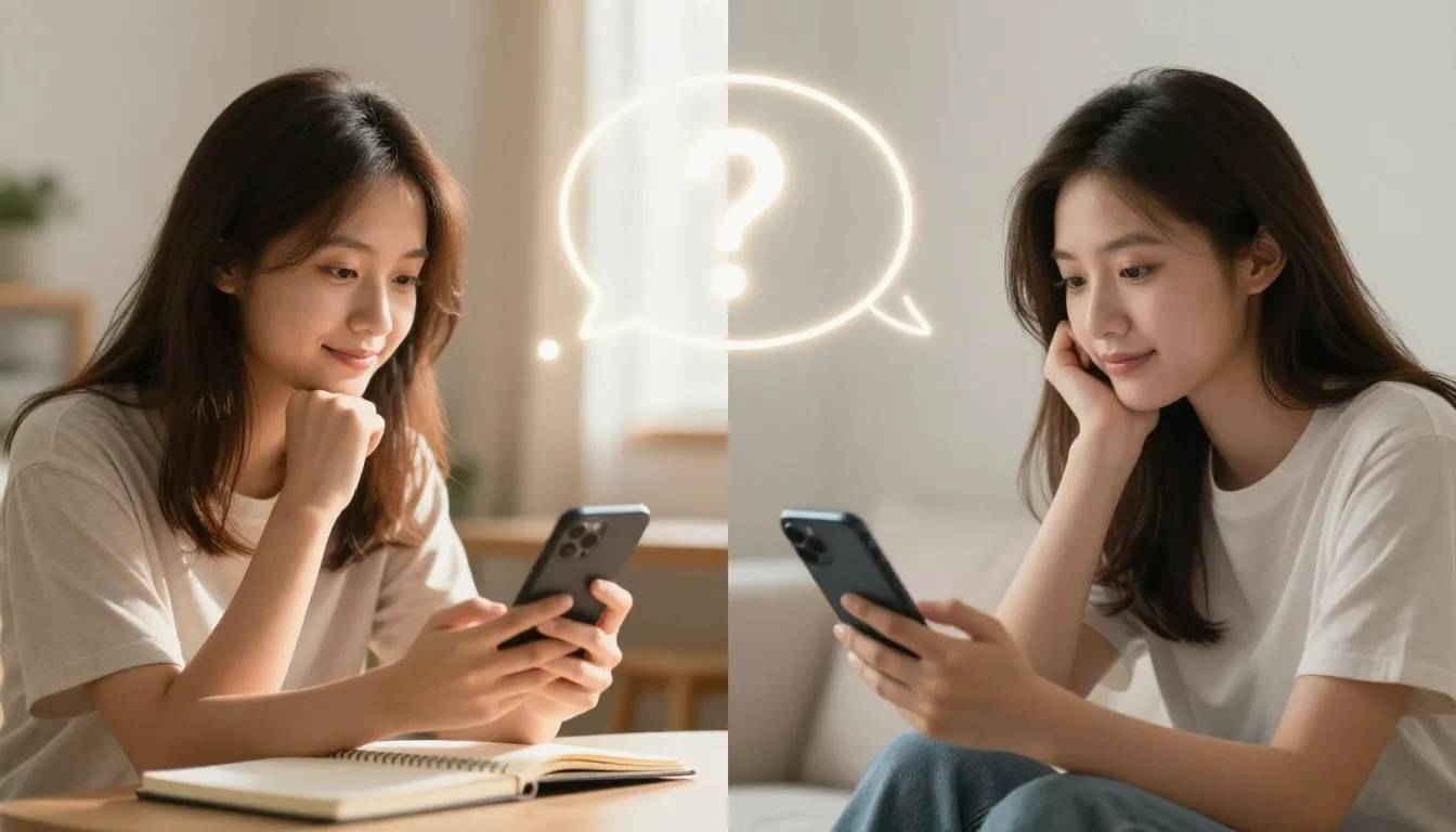 A couple on opposite sides of a split screen, each holding a...