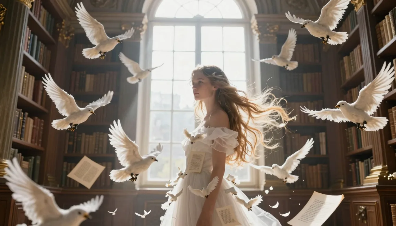A young European woman with very long hair standing in a sur...
