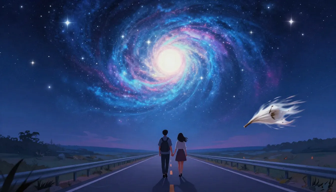 Artistic illustration of a highway at night under a giant, g...