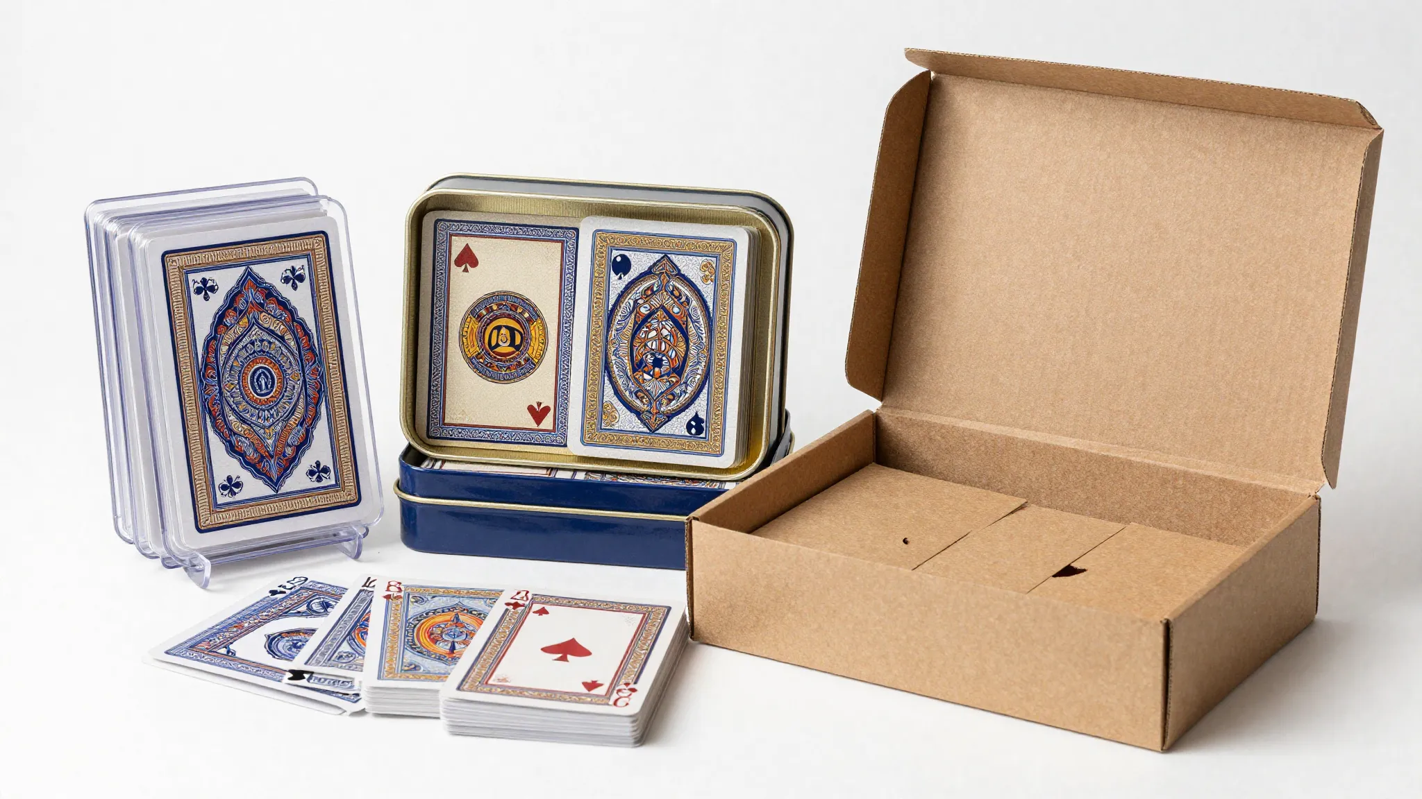 A professional display of various playing card packaging typ...