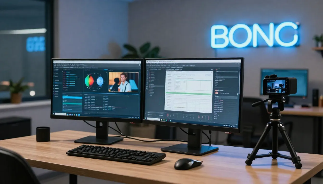 A modern workspace of a content creator with two monitors, a...