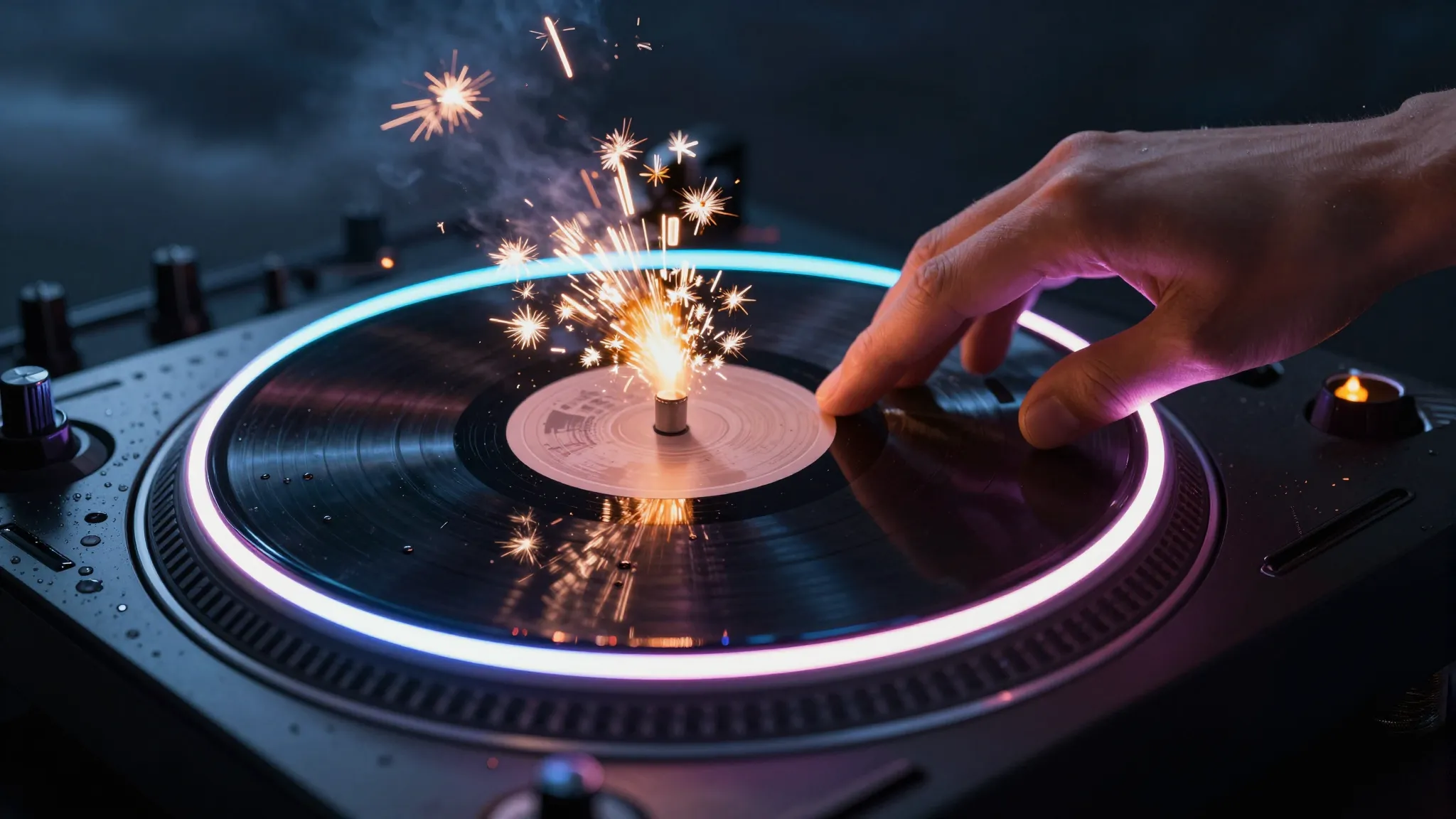 Close-up of a hand on a DJ turntable, glowing neon rings, el...