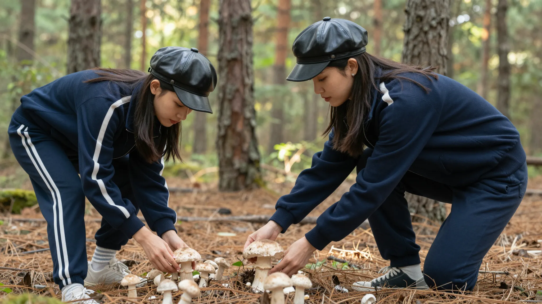 Side view of two stylish Chinese women in a sunny pine fores...