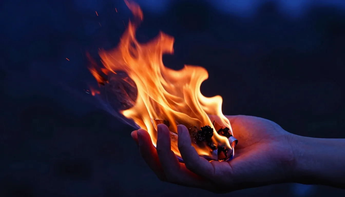 A close-up of a hand holding a glowing, flickering flame tha...