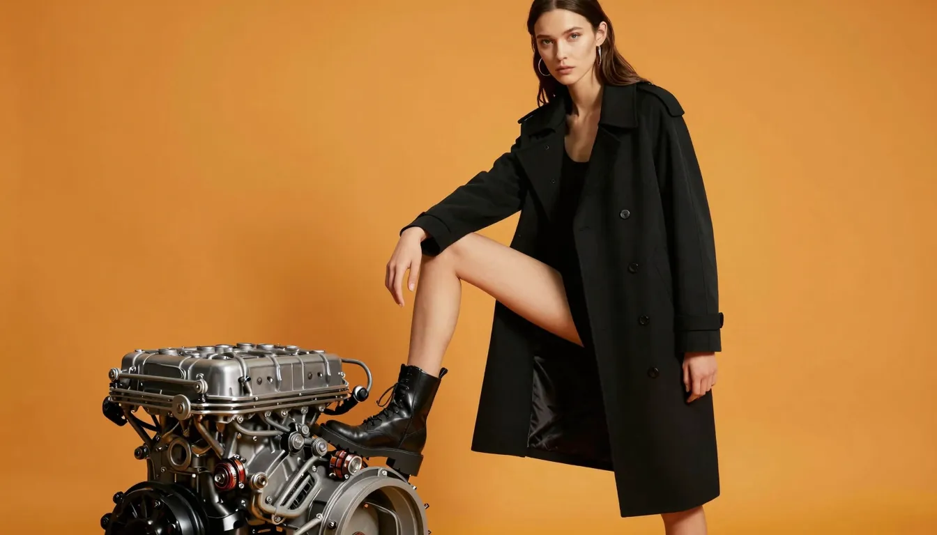 Fashion photography of a woman in a black coat, posing with ...