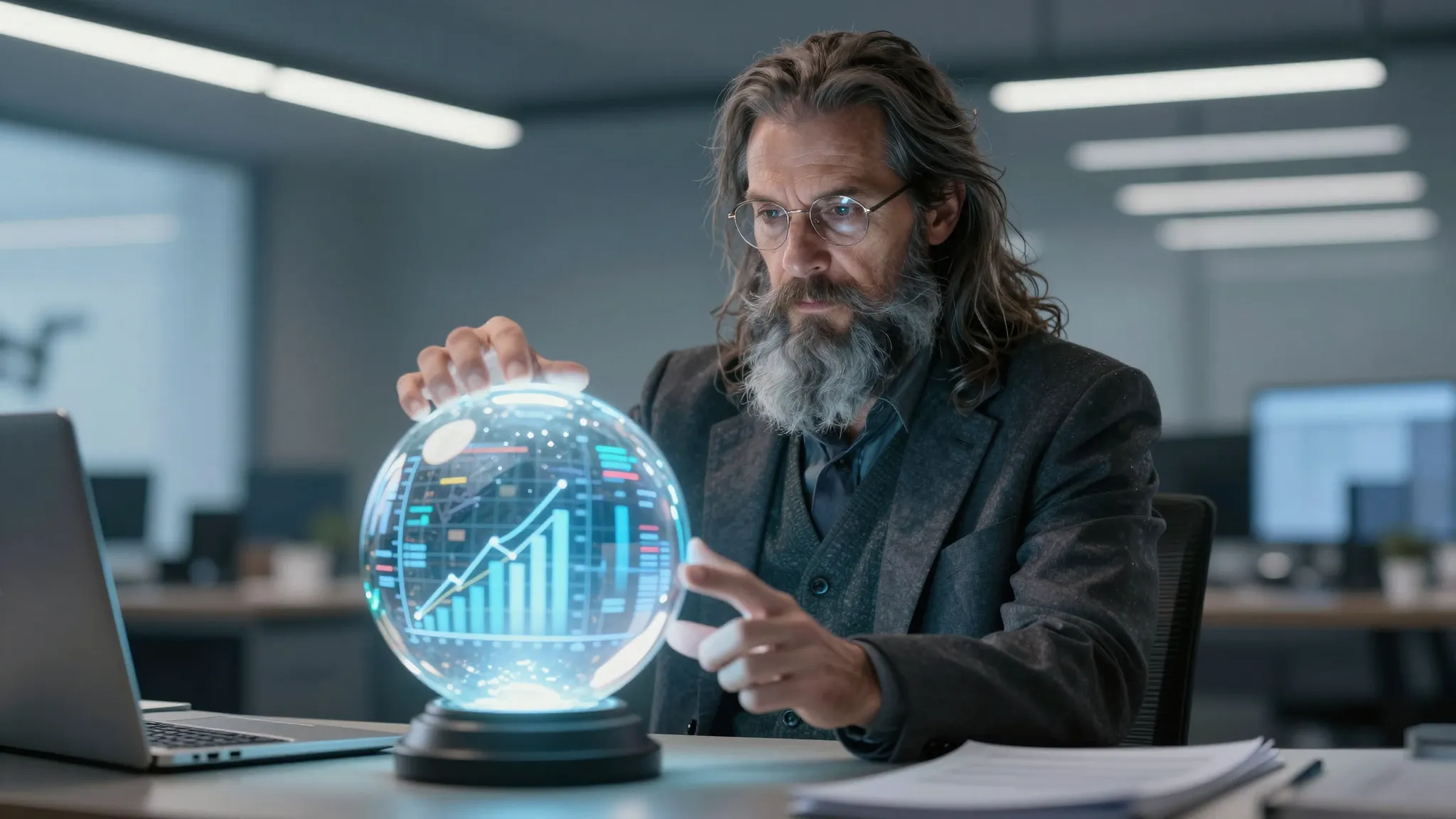 A wise modern wizard with a glowing crystal ball showing dig...