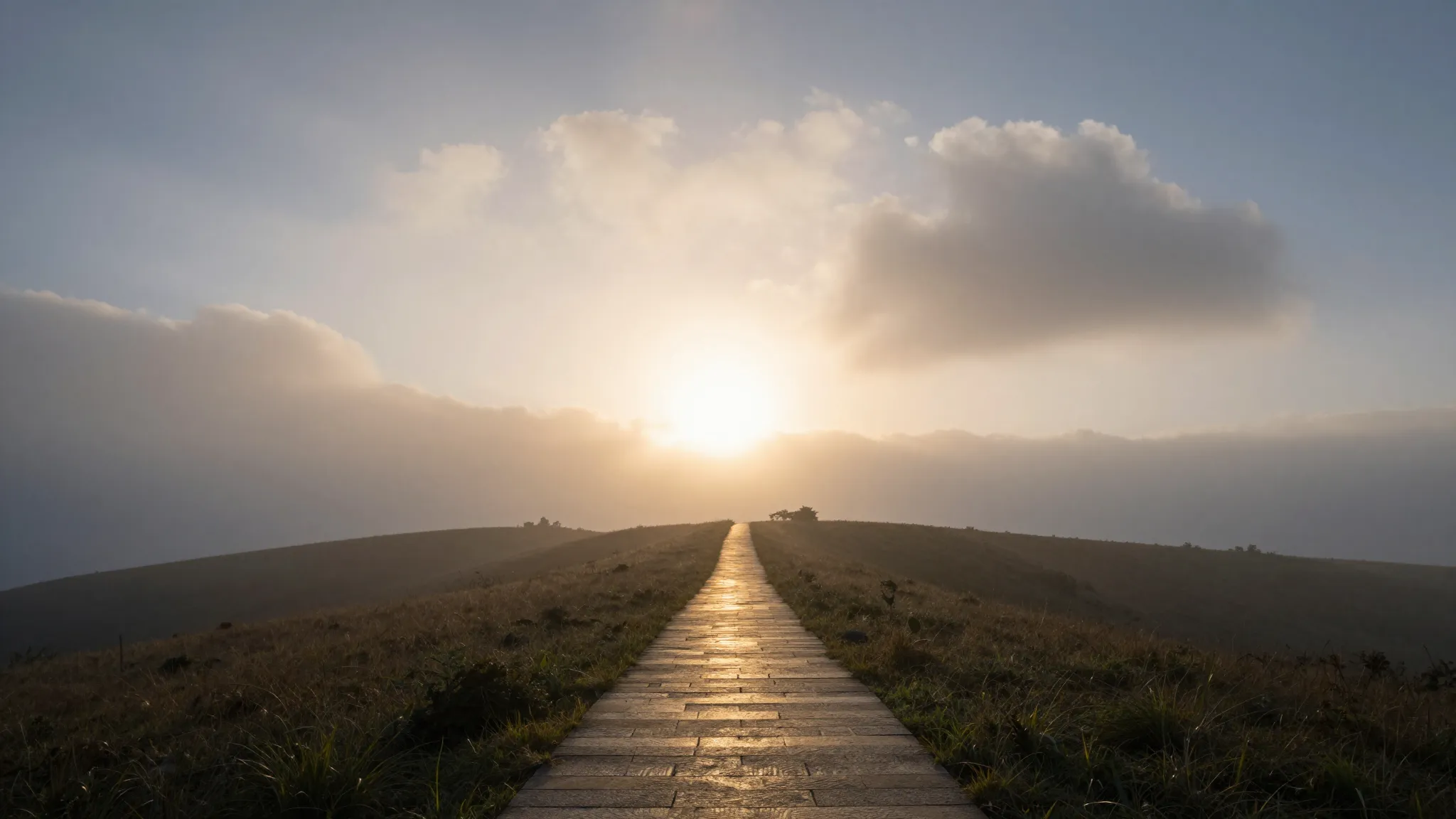A serene and majestic landscape at dawn, soft sunlight break...