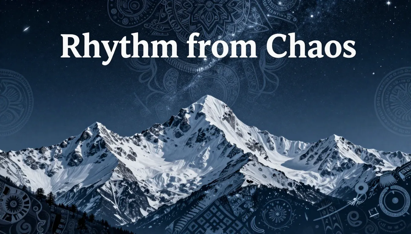 Book cover design, title 'Rhythm from Chaos', majestic snowy...