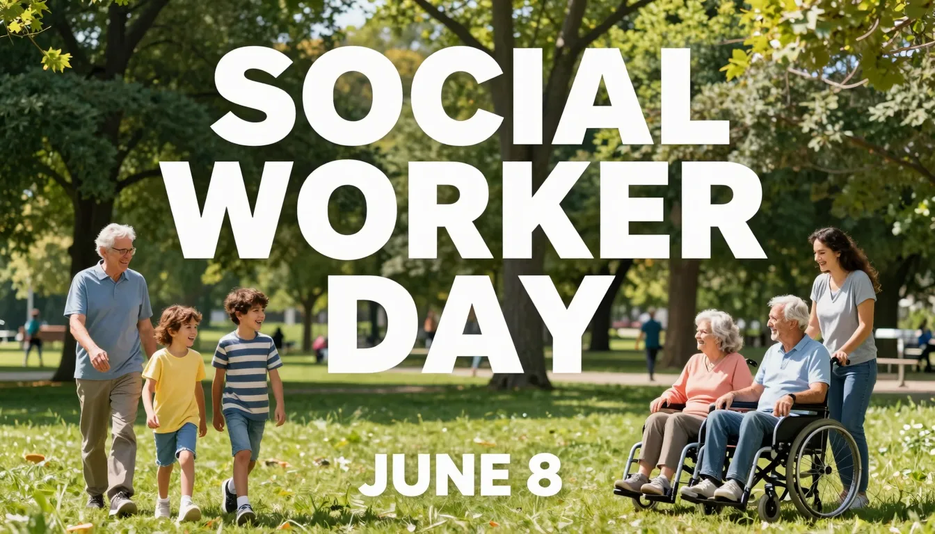 A vibrant poster for Social Worker Day. Background features ...
