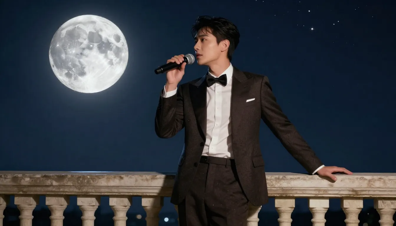 A stylish male singer in a classic suit standing on a balcon...