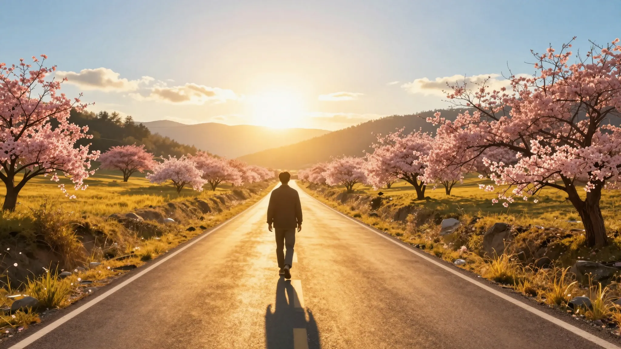 A cinematic illustration of a sunlit golden road stretching ...