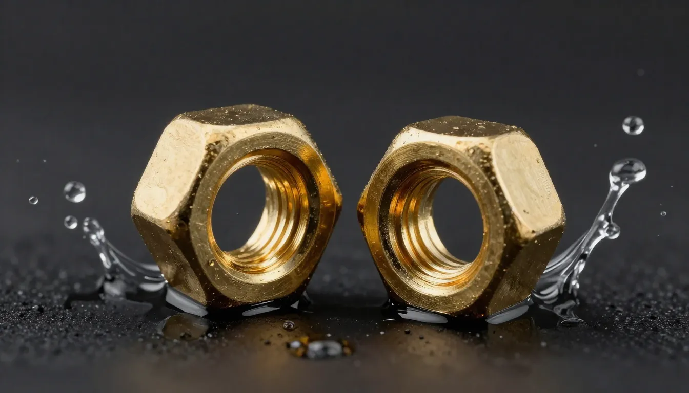 Professional product photography of two brass wing nuts M8, ...