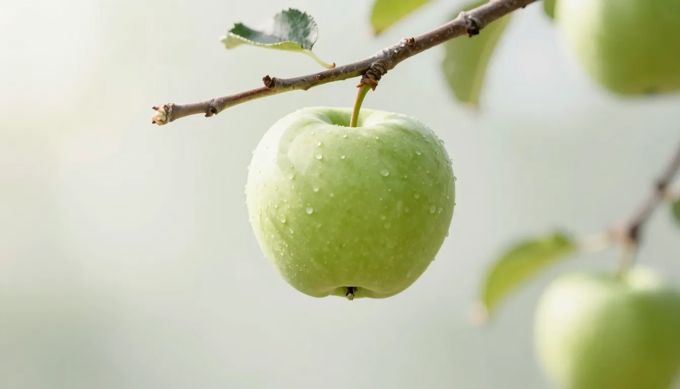 A minimalist aesthetic shot of a crisp green apple hanging o...