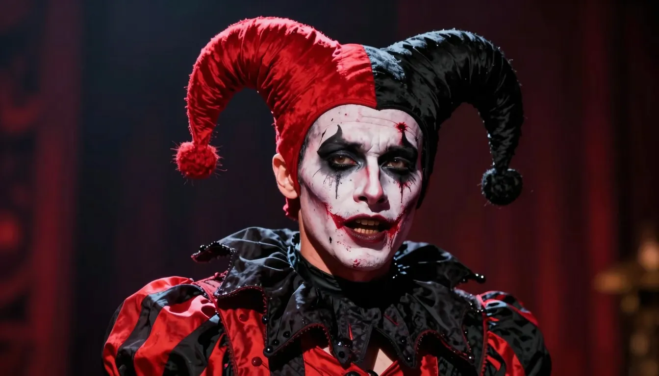 A dramatic close-up of a rock-star jester on a dark stage, s...