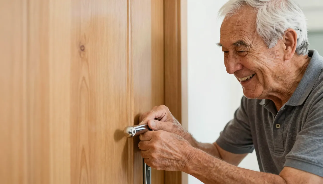 An elderly man happily installing a new shiny door handle on...