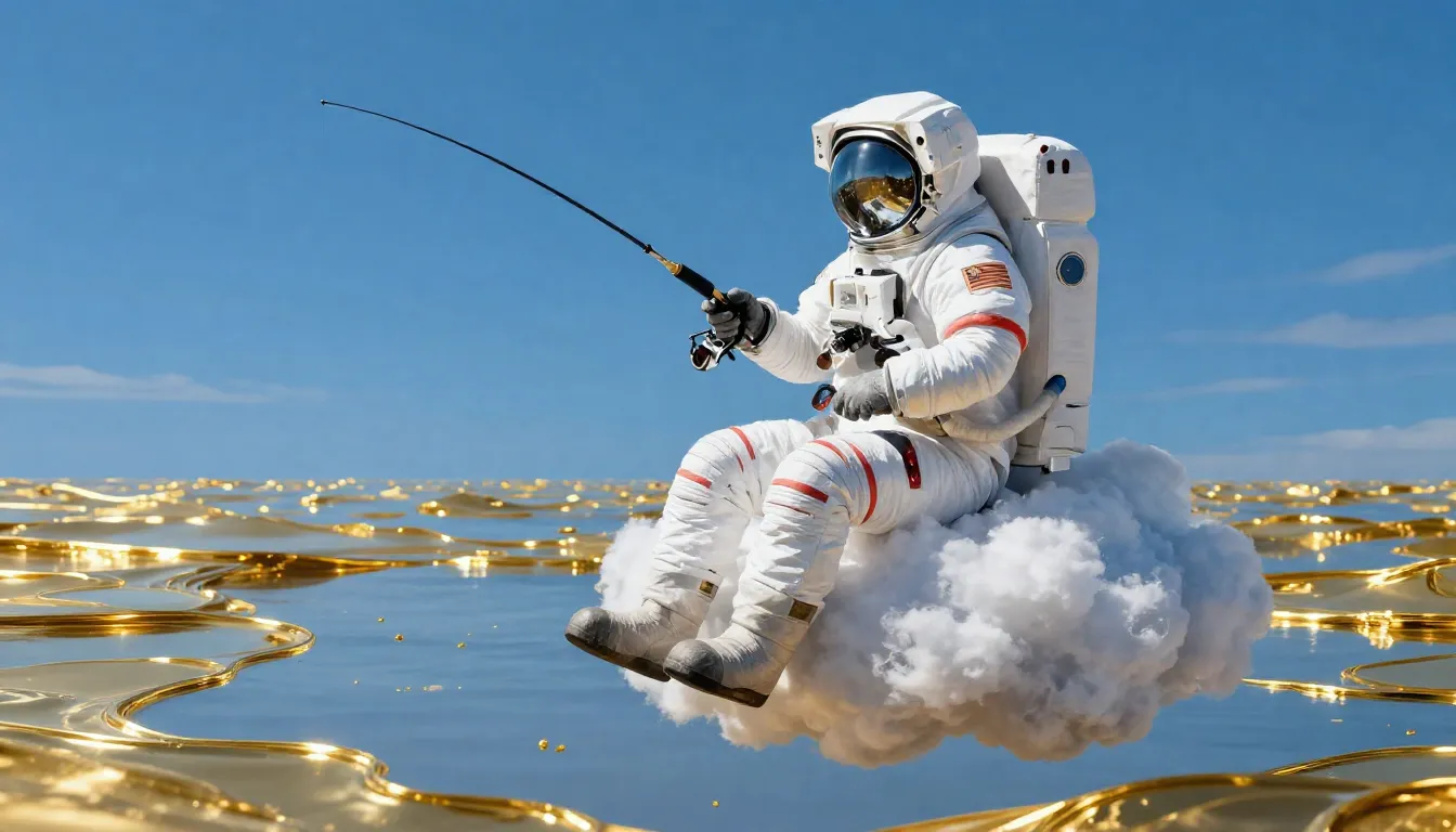 An astronaut in a heavy space suit sitting on a cloud in a b...