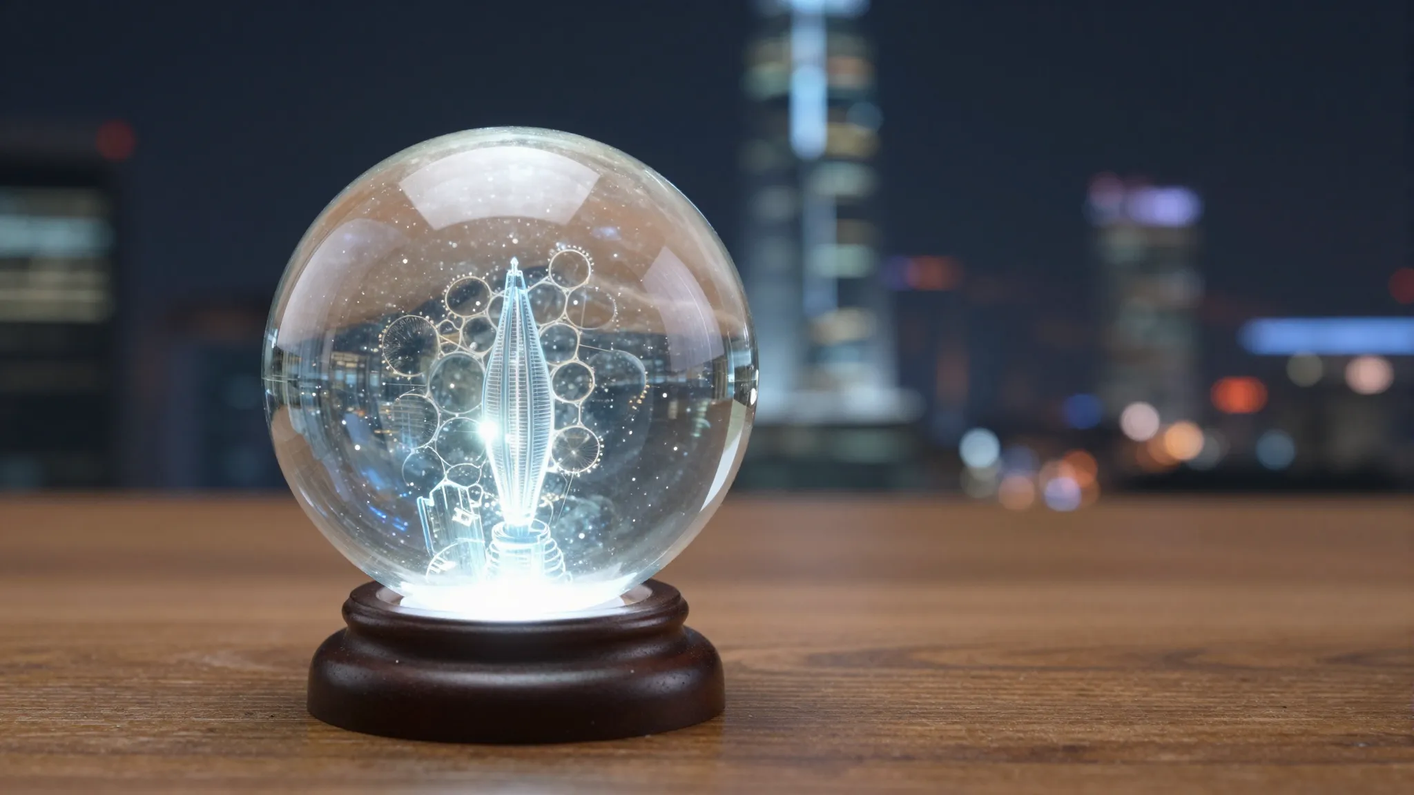 A glowing crystal ball on a wooden table showing a modern ci...