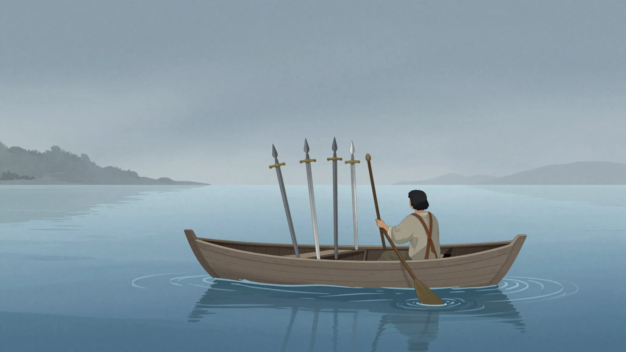 Tarot card illustration of a person in a small boat rowing a...