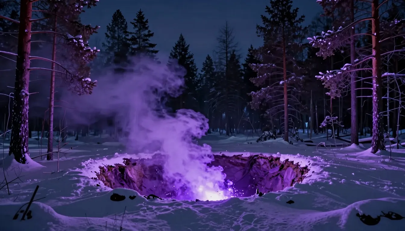 A mysterious glowing purple meteorite crashed in a snowy Rus...