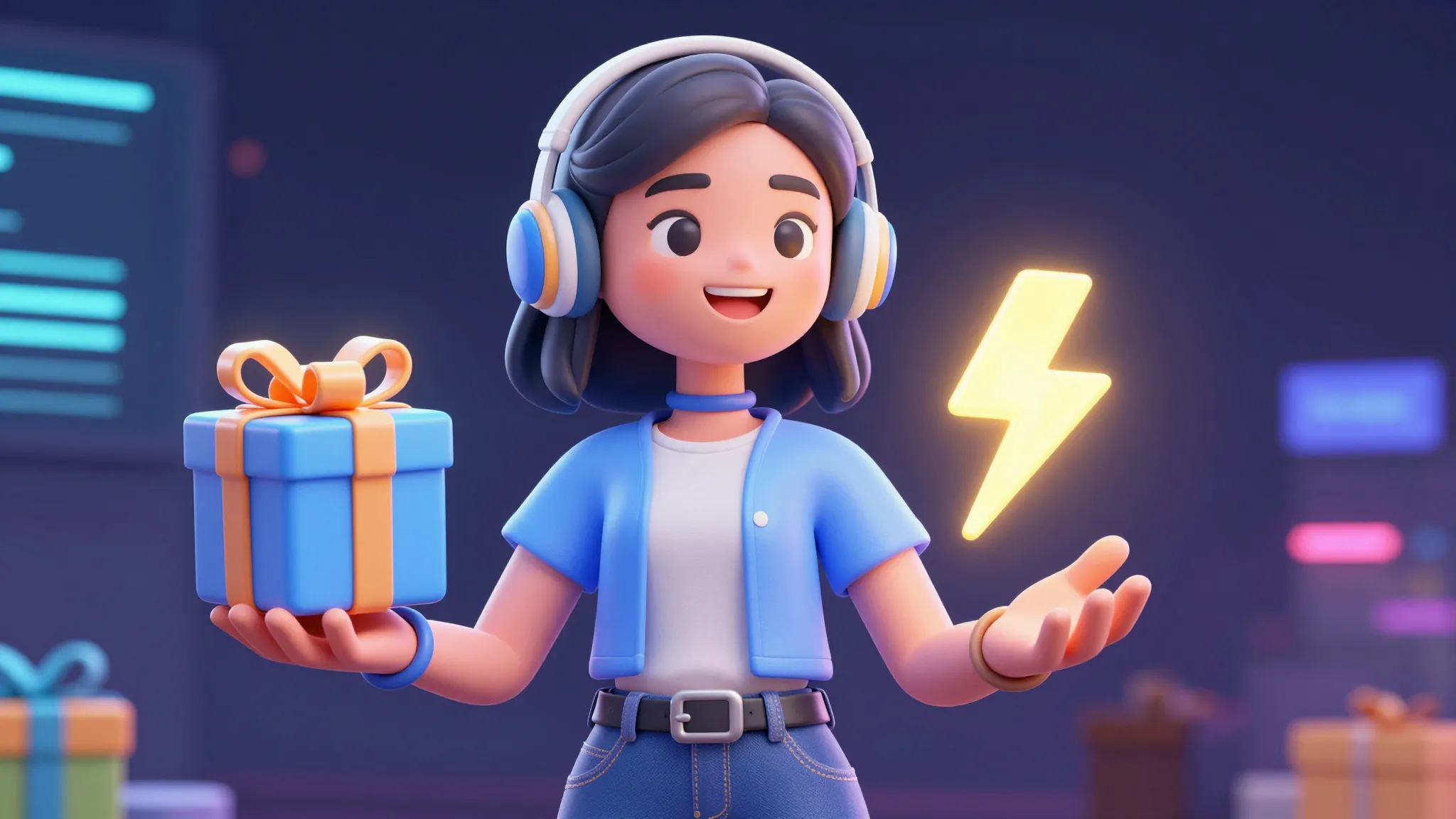 A friendly female AI assistant character, smiling, holding a...
