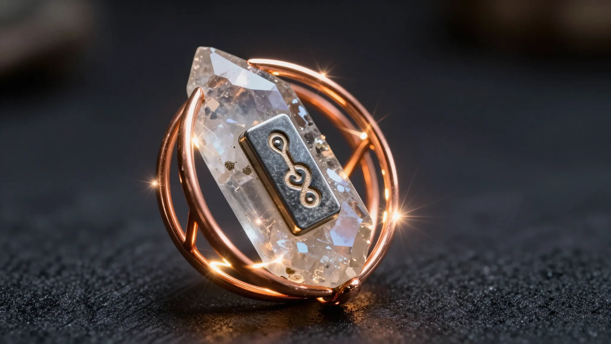 A mystical amulet with a raw quartz crystal, a magnetic core...