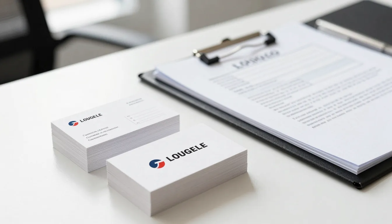 A stack of high-quality printed business cards and a folder ...
