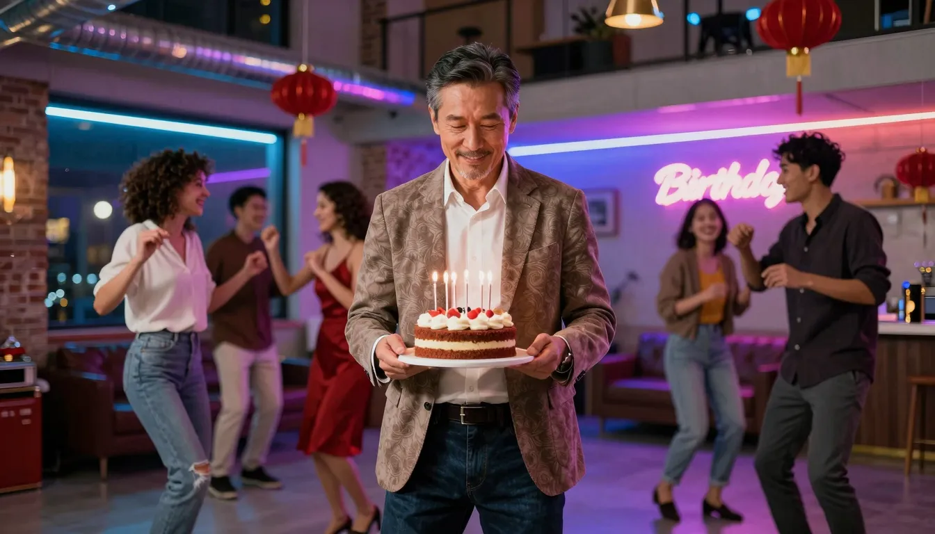 A stylish 45-year-old man celebrating his birthday in a mode...