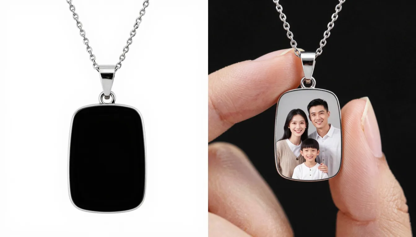 A split screen image: on the left, a solid black elegant pen...