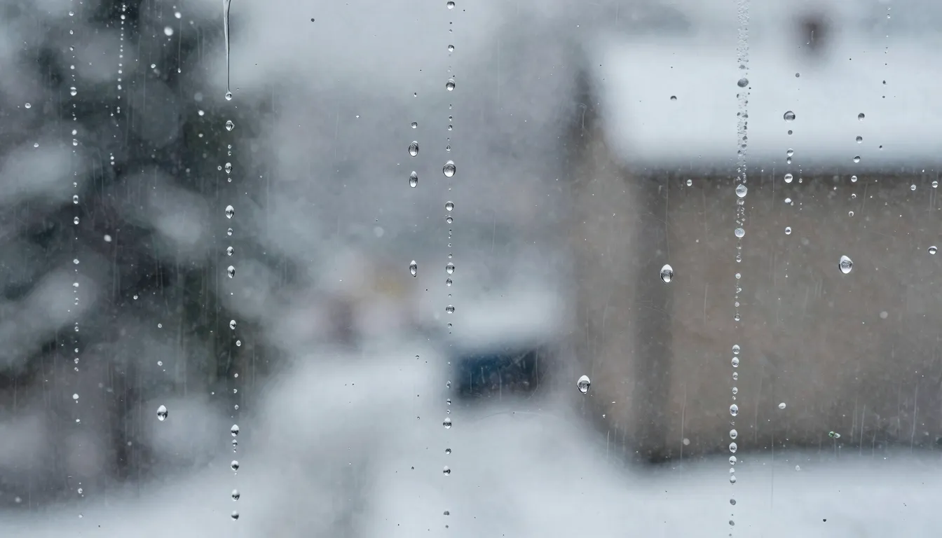 Rain mixed with snow trickling down a window, heavy droplets...